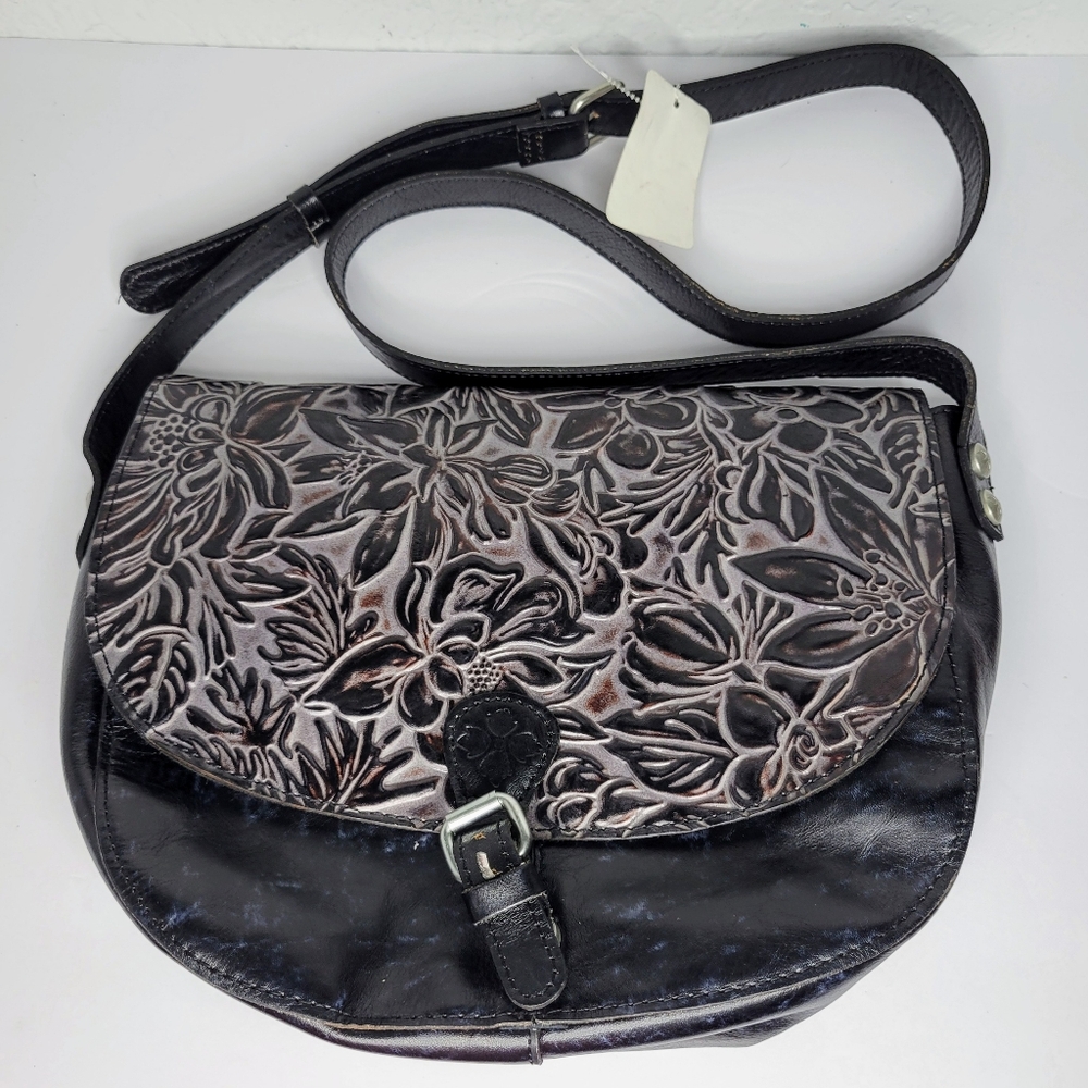 Patricia Nash Rosolino Leather Hand Tooled Crossbody Leather Bag, Black Purse
